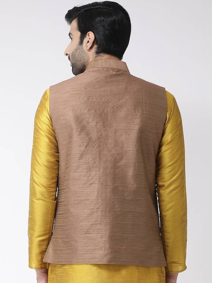 Men's Brown 
Cotton Blend
 Woven Design Nehru Jackets