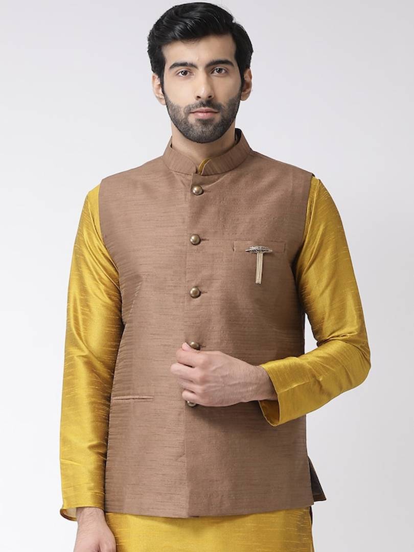 Men's Brown 
Cotton Blend
 Woven Design Nehru Jackets
