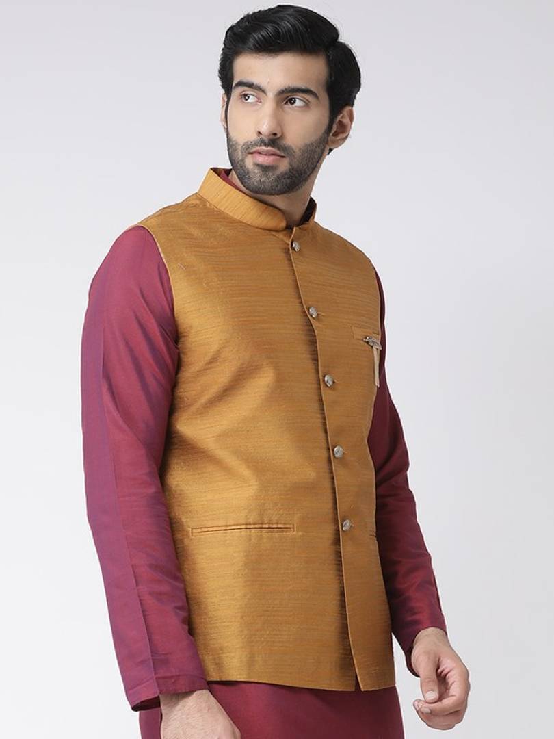 Men's Yellow 
Cotton Blend
 Solid
 Nehru Jackets