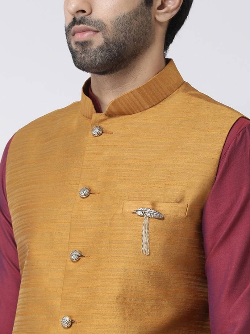 Men's Yellow 
Cotton Blend
 Solid
 Nehru Jackets