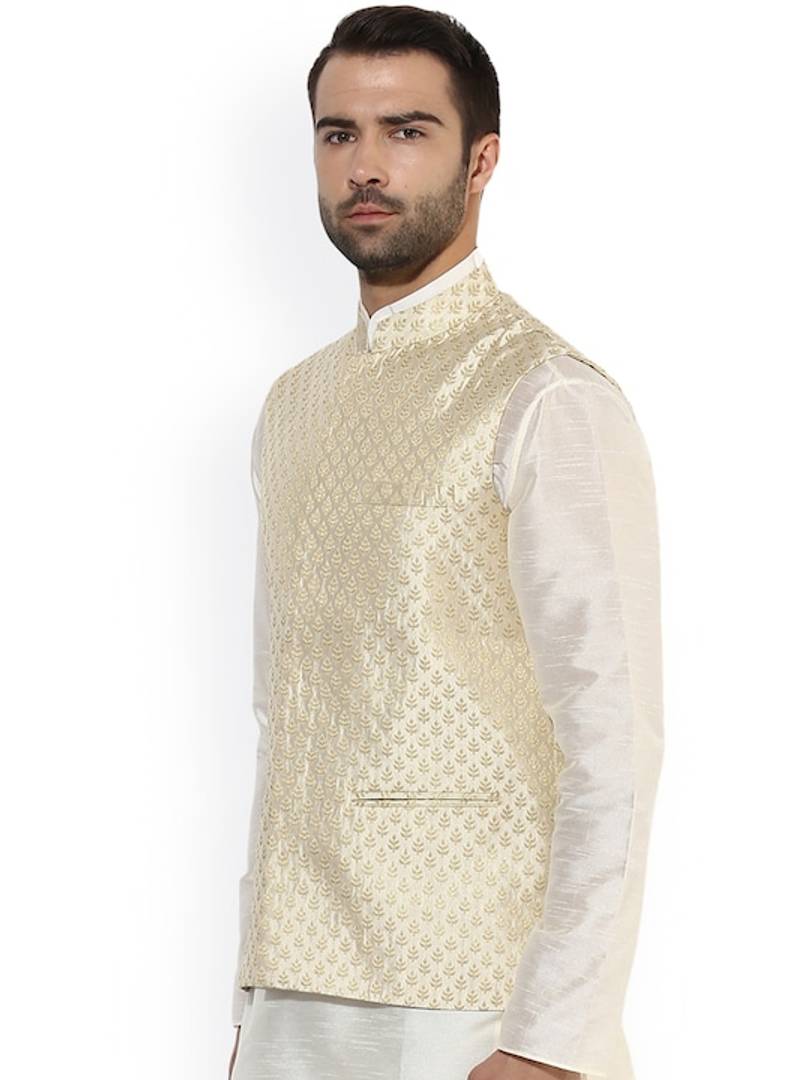 Men's Beige 
Silk Blend
 Woven Design Nehru Jackets