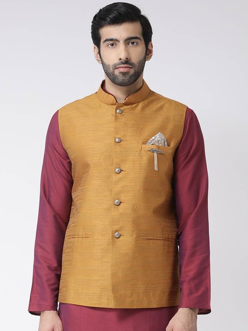 Men's Yellow 
Cotton Blend
 Solid
 Nehru Jackets