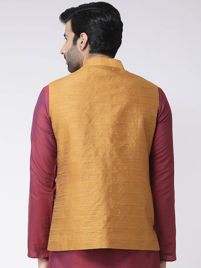 Men's Yellow 
Cotton Blend
 Solid
 Nehru Jackets