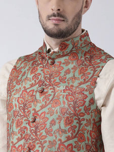 Men's Green 
Silk Blend
 Printed Nehru Jackets