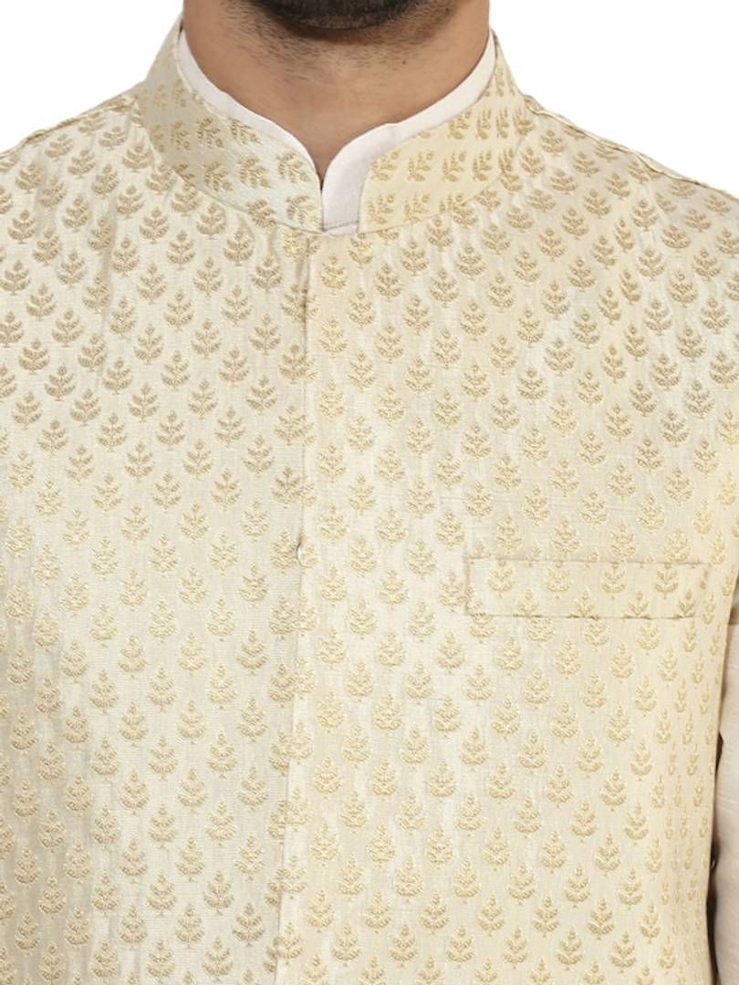 Men's Beige 
Silk Blend
 Woven Design Nehru Jackets