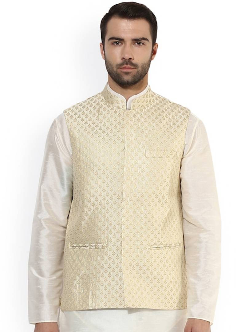 Men's Beige 
Silk Blend
 Woven Design Nehru Jackets