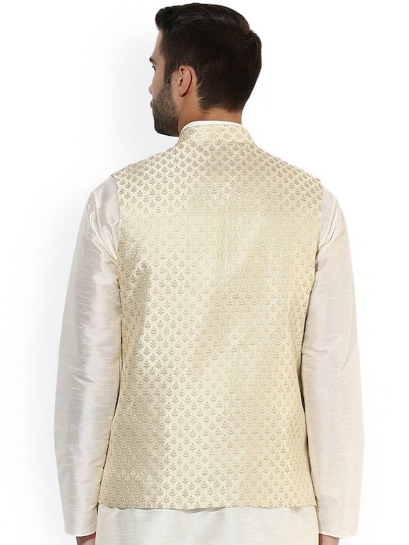 Men's Beige 
Silk Blend
 Woven Design Nehru Jackets