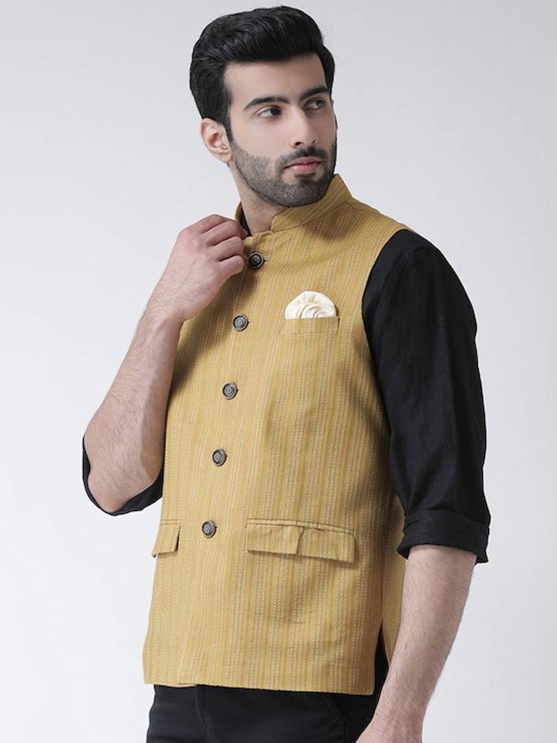 Men's Beige 
Cotton Blend
 Woven Design Nehru Jackets