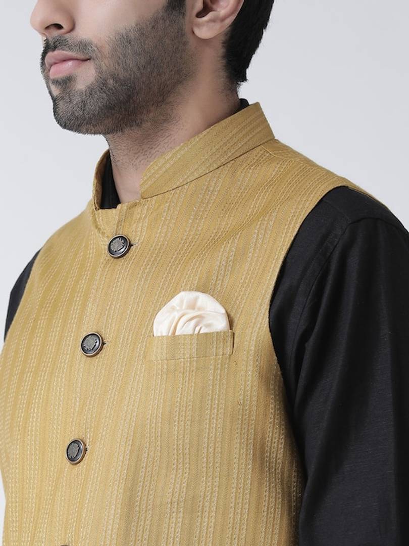 Men's Beige 
Cotton Blend
 Woven Design Nehru Jackets