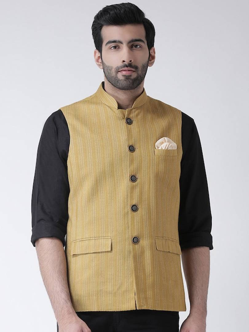 Men's Beige 
Cotton Blend
 Woven Design Nehru Jackets