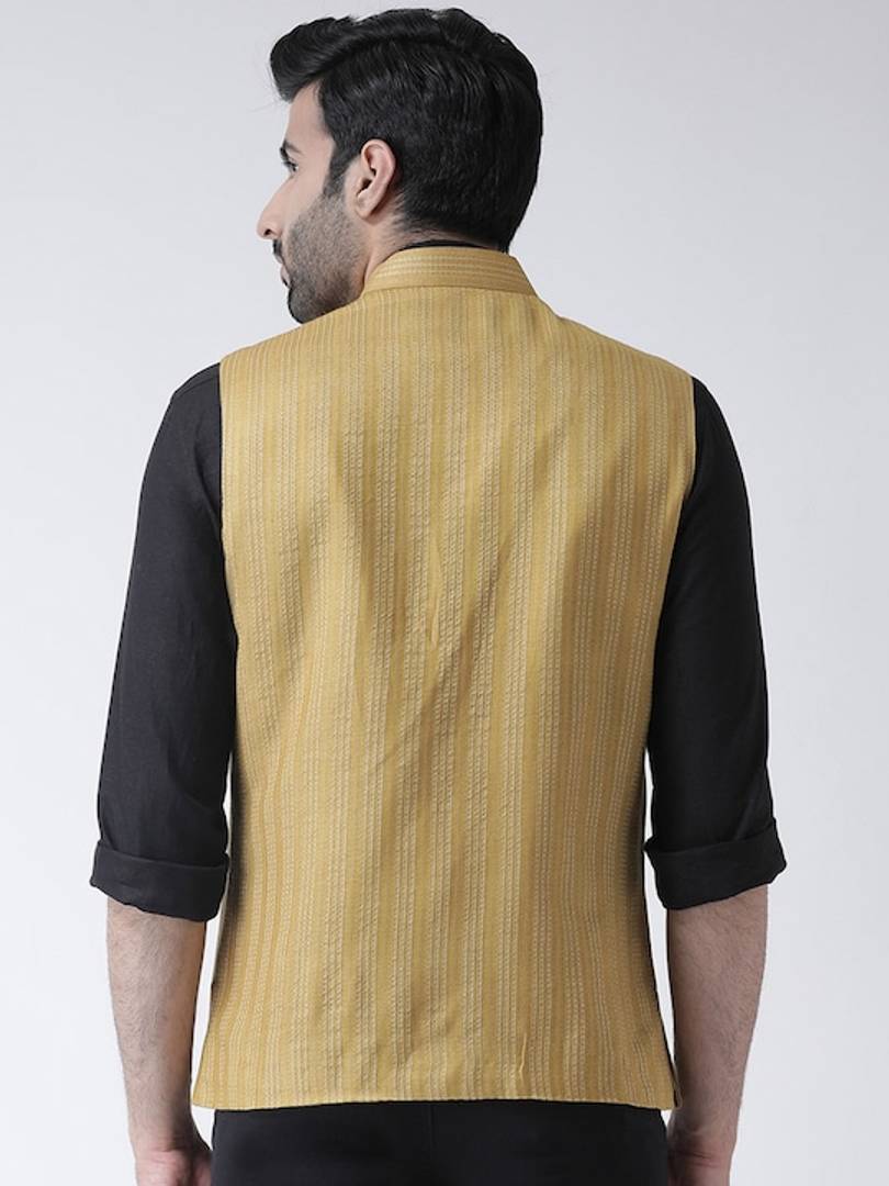 Men's Beige 
Cotton Blend
 Woven Design Nehru Jackets