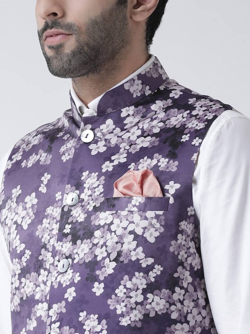 Men's Purple 
Cotton Blend
 Printed Nehru Jackets