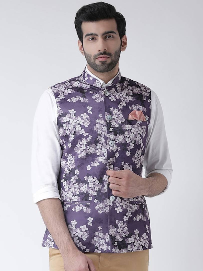 Men's Purple 
Cotton Blend
 Printed Nehru Jackets