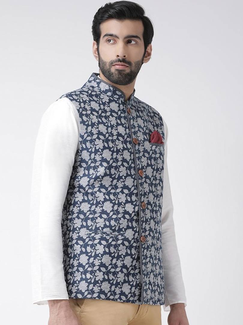 Men's Blue 
Cotton Blend
 Printed Nehru Jackets