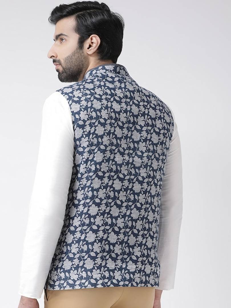 Men's Blue 
Cotton Blend
 Printed Nehru Jackets
