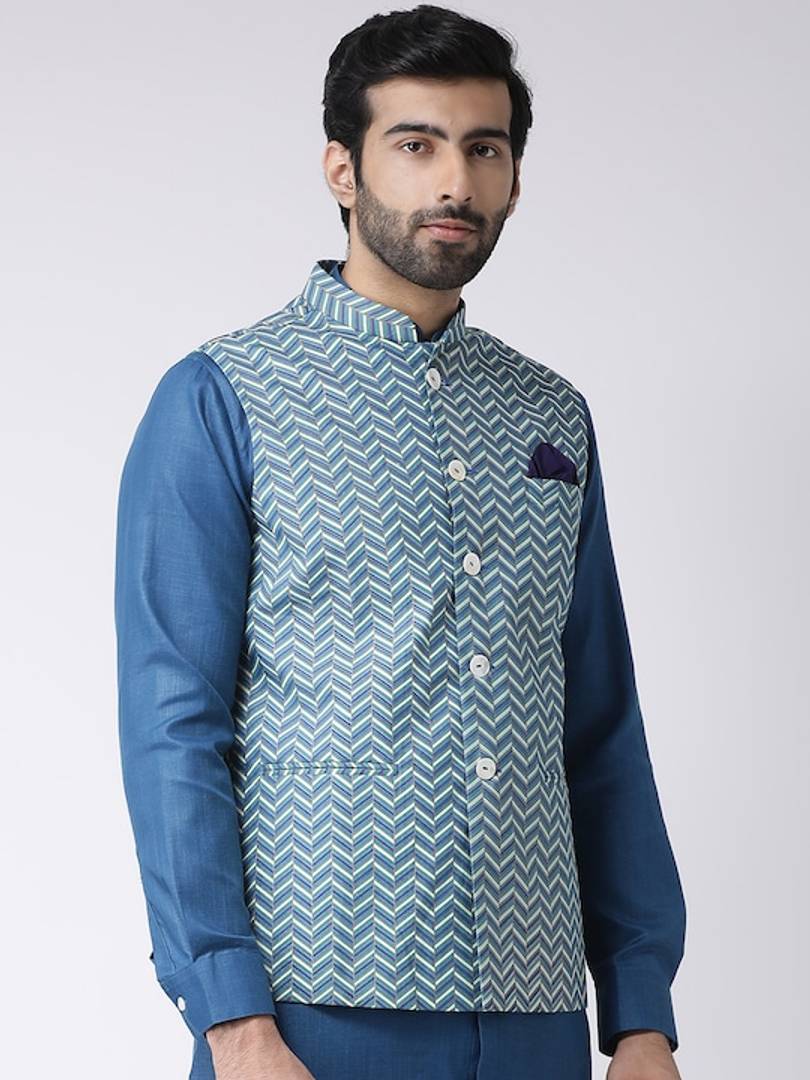 Men's Blue Cotton
 Printed Nehru Jackets