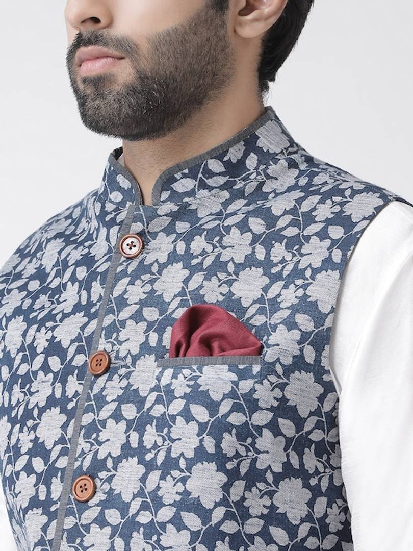 Men's Blue 
Cotton Blend
 Printed Nehru Jackets