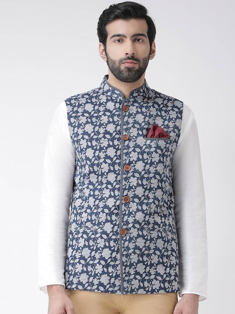 Men's Blue 
Cotton Blend
 Printed Nehru Jackets