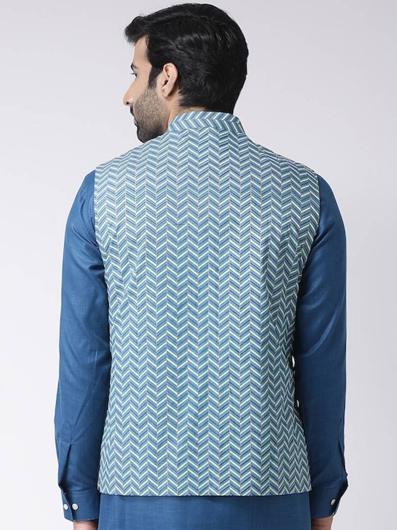 Men's Blue Cotton
 Printed Nehru Jackets