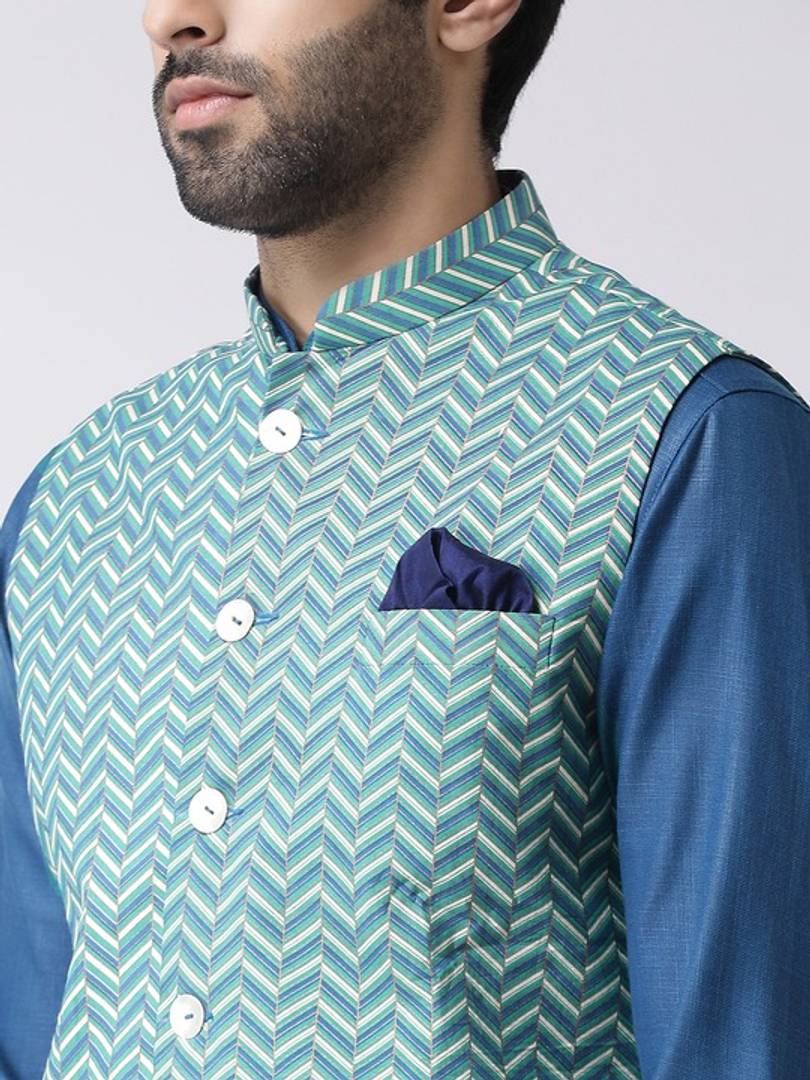 Men's Blue Cotton
 Printed Nehru Jackets