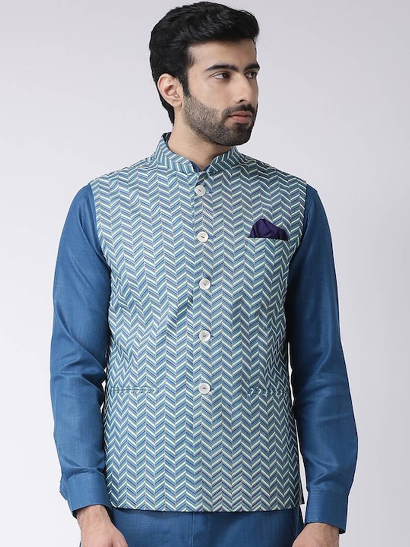 Men's Blue Cotton
 Printed Nehru Jackets