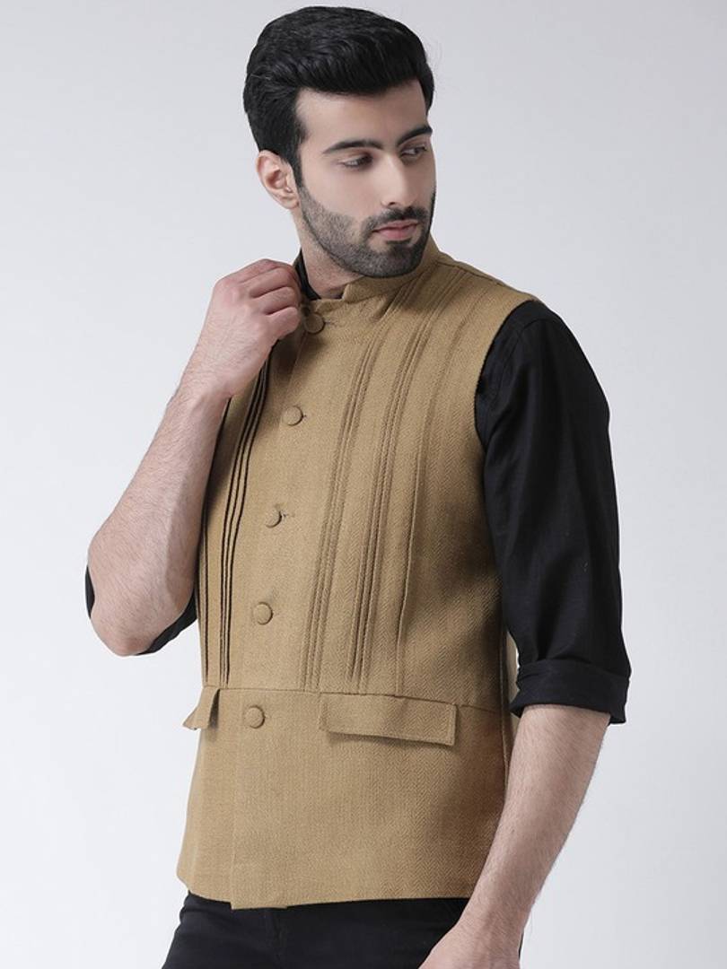 Men's Brown 
Silk Blend
 Solid
 Nehru Jackets
