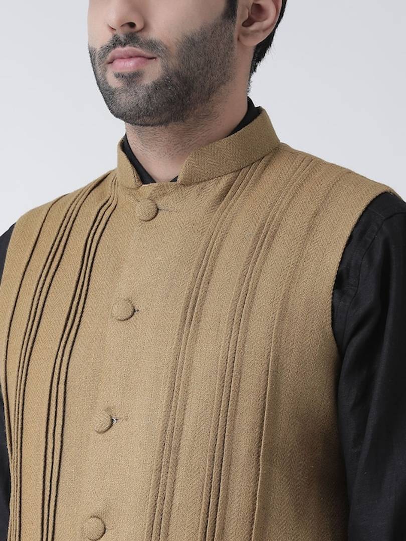 Men's Brown 
Silk Blend
 Solid
 Nehru Jackets