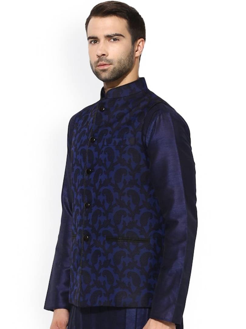 Men's Blue 
Silk Blend
 Woven Design Nehru Jackets