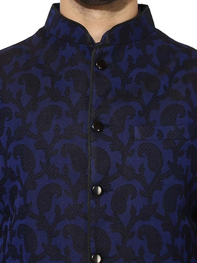 Men's Blue 
Silk Blend
 Woven Design Nehru Jackets