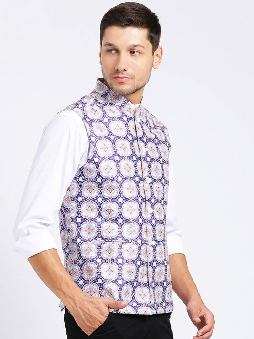 Men's Blue 
Cotton Blend
 Printed Nehru Jackets