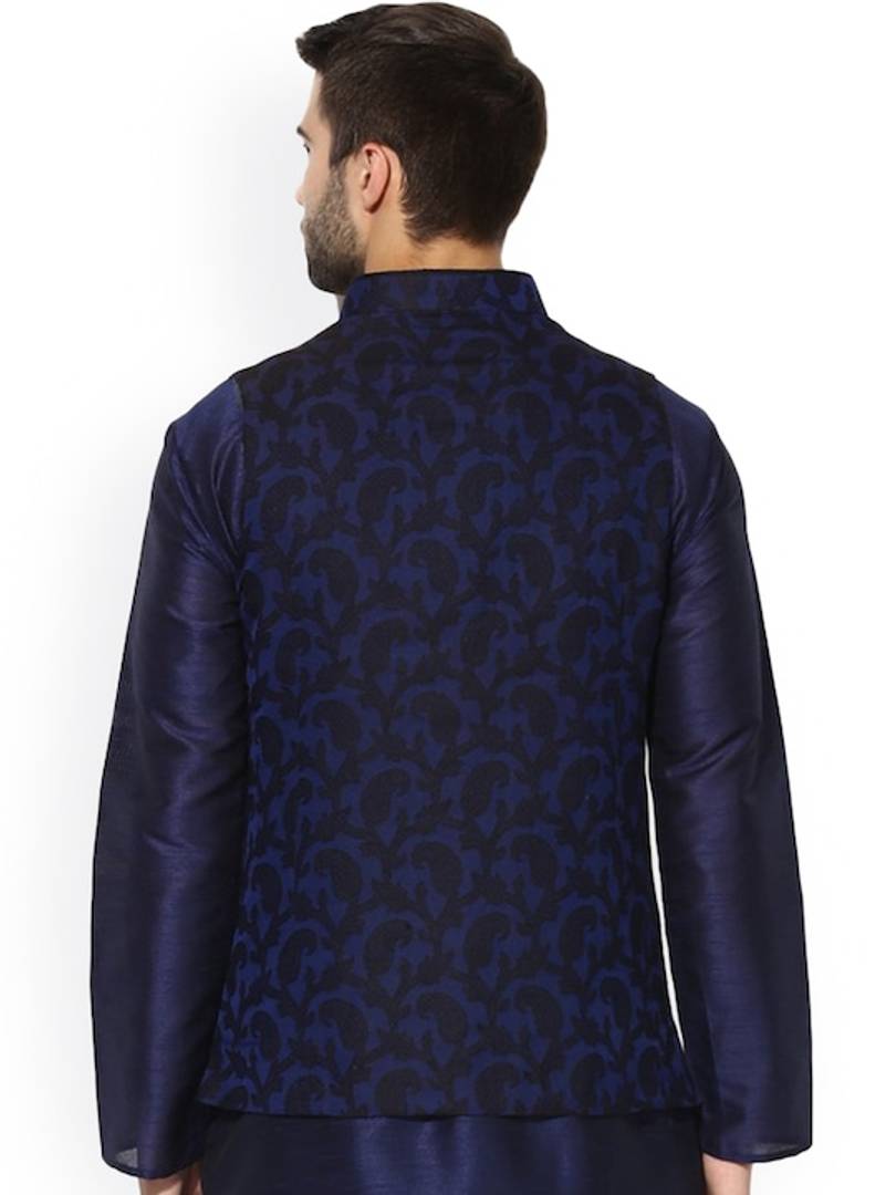 Men's Blue 
Silk Blend
 Woven Design Nehru Jackets