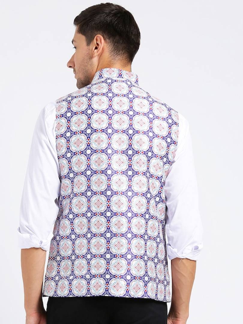 Men's Blue 
Cotton Blend
 Printed Nehru Jackets