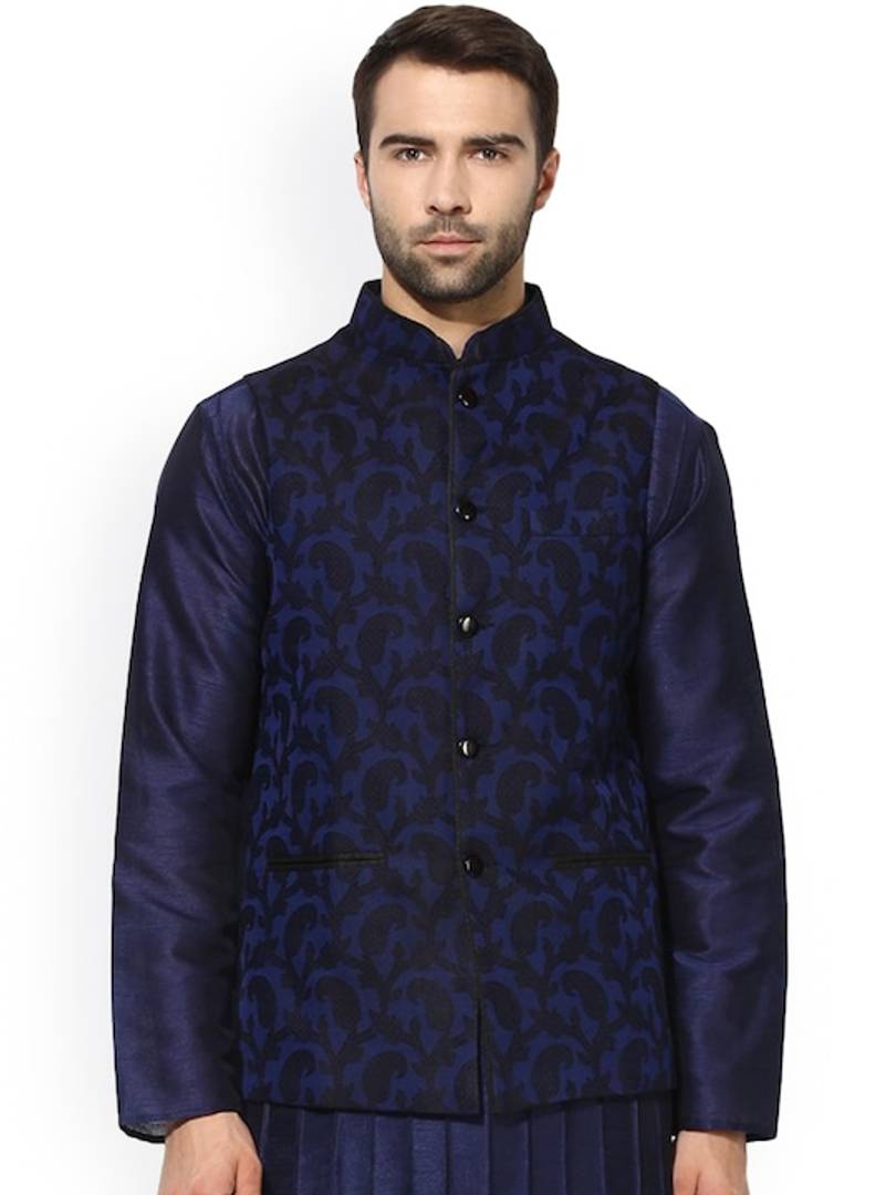 Men's Blue 
Silk Blend
 Woven Design Nehru Jackets