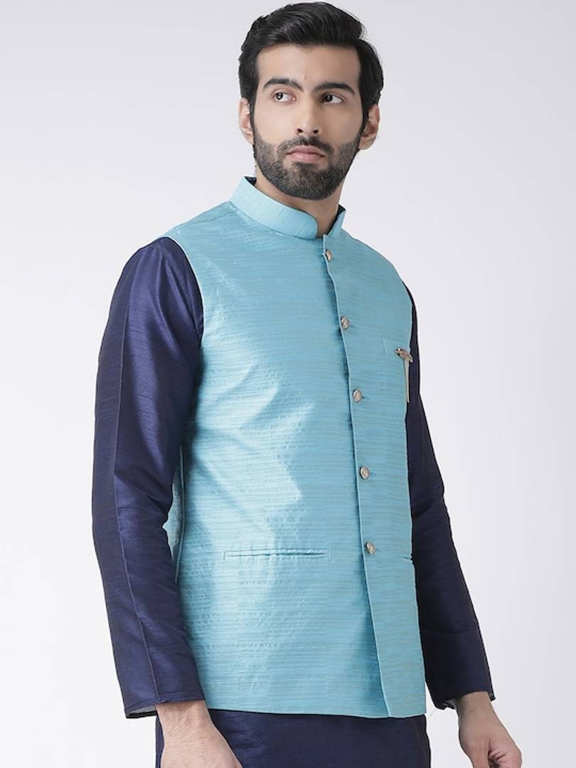Men's Blue 
Silk Blend
 Woven Design Nehru Jackets