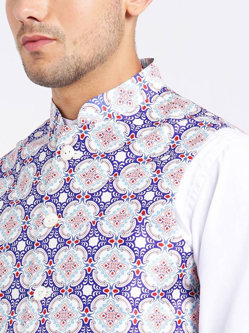 Men's Blue 
Cotton Blend
 Printed Nehru Jackets