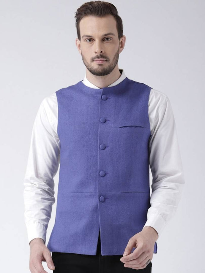 Men's Blue 
Silk Blend
 Solid
 Nehru Jackets