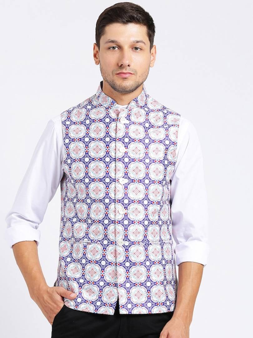 Men's Blue 
Cotton Blend
 Printed Nehru Jackets