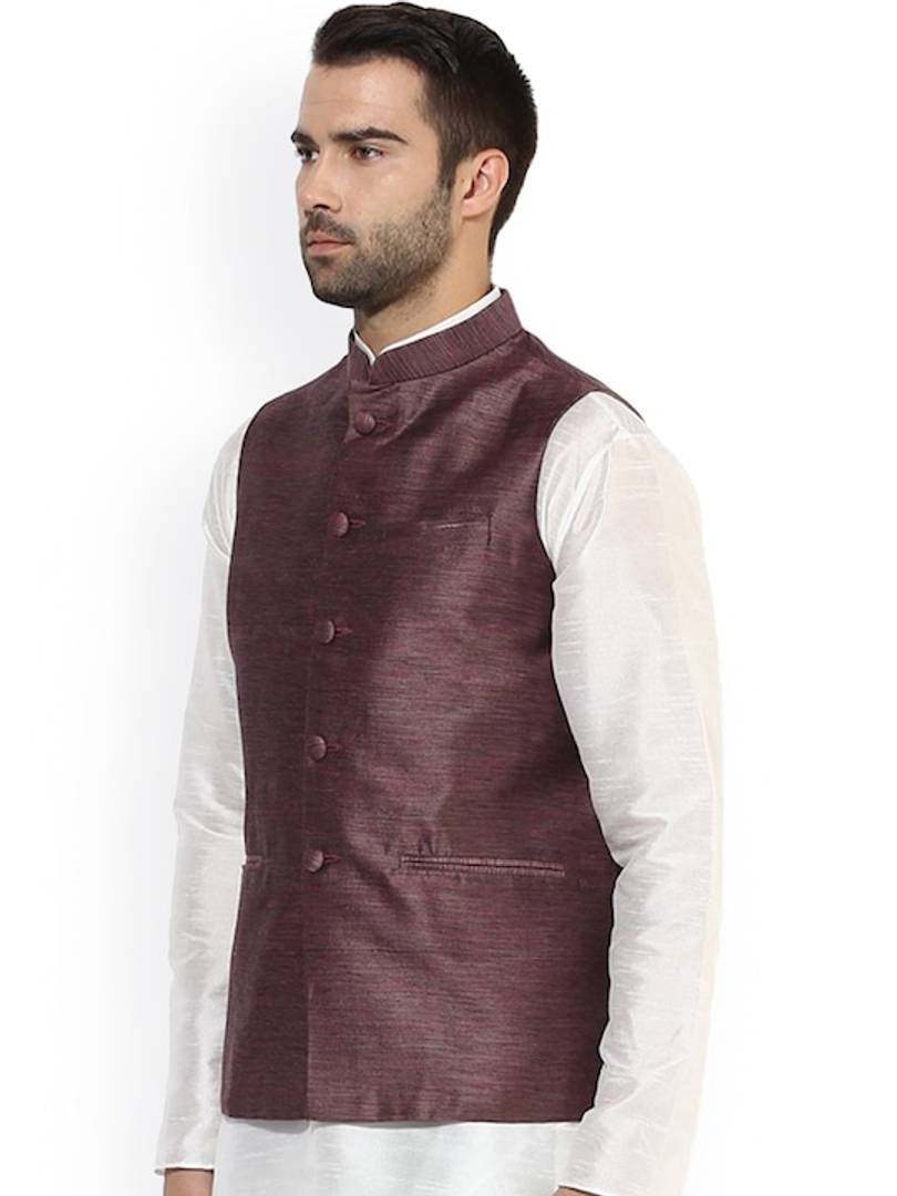 Men's Blue 
Silk Blend
 Woven Design Nehru Jackets