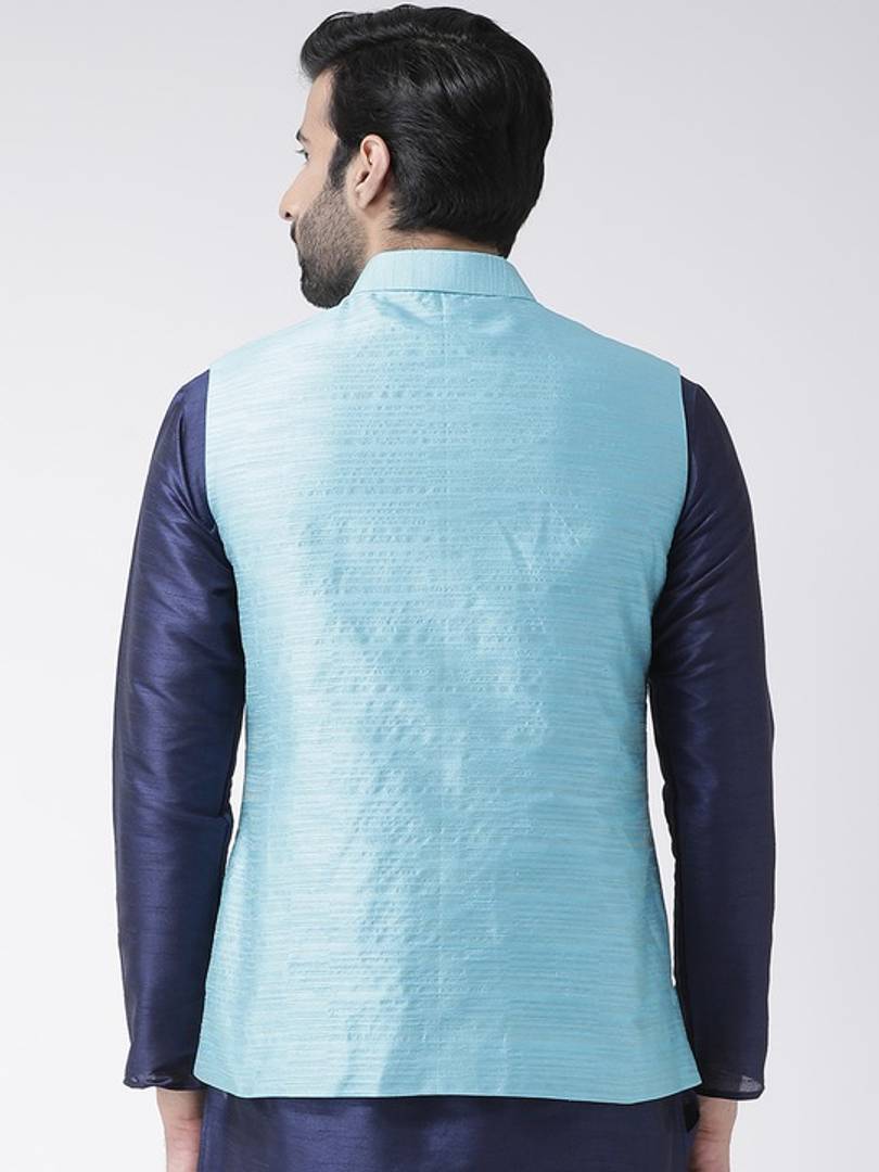 Men's Blue 
Silk Blend
 Woven Design Nehru Jackets