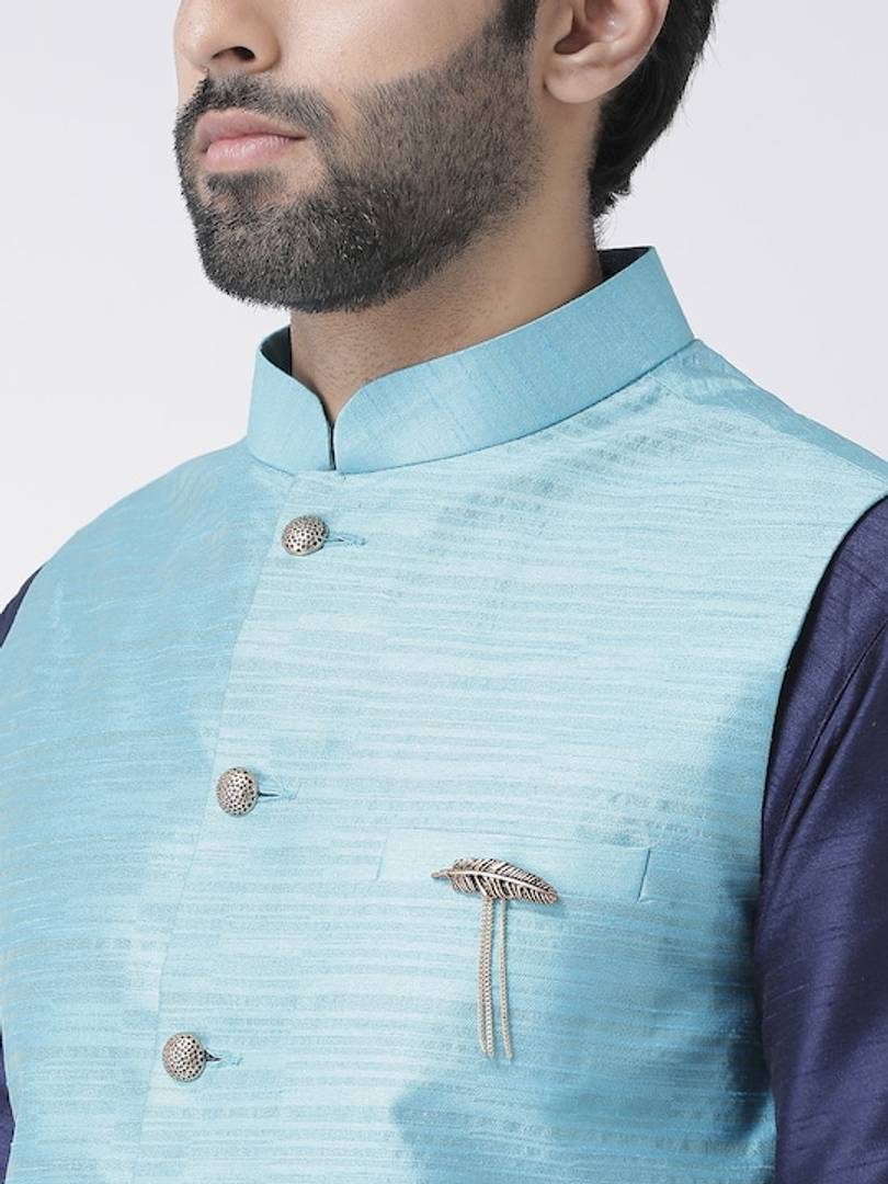 Men's Blue 
Silk Blend
 Woven Design Nehru Jackets