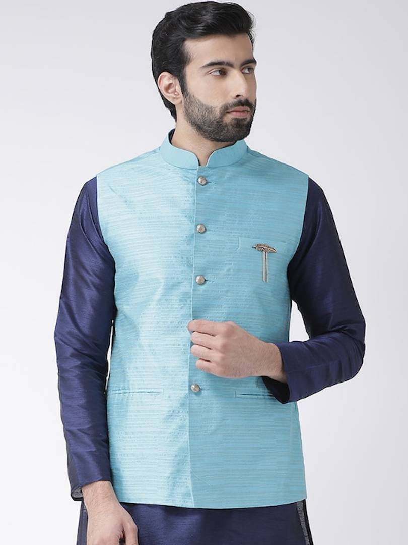 Men's Blue 
Silk Blend
 Woven Design Nehru Jackets