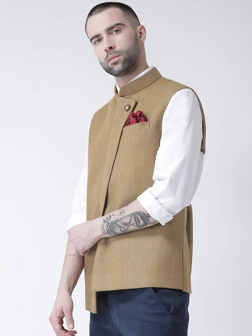 Men's Beige 
Silk Blend
 Woven Design Nehru Jackets