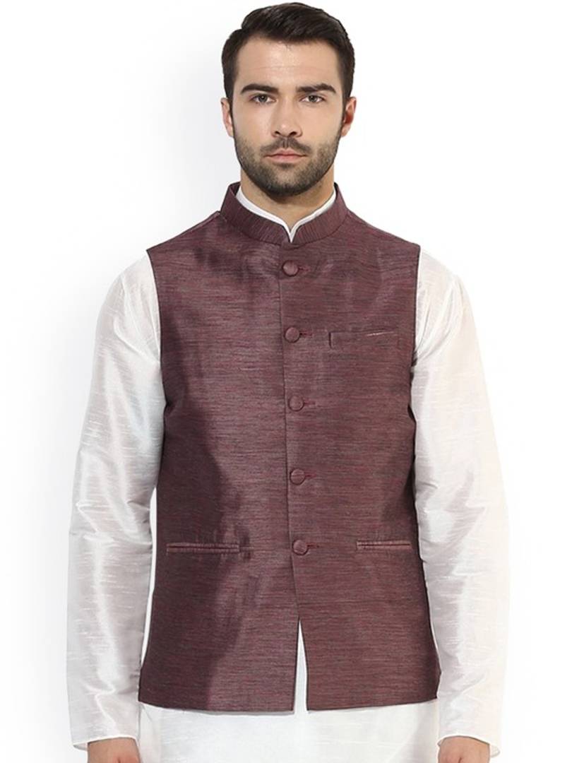 Men's Blue 
Silk Blend
 Woven Design Nehru Jackets