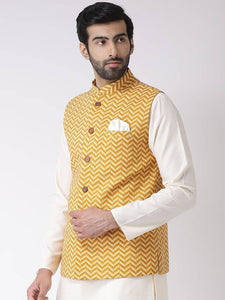 Men's Yellow Cotton
 Printed Nehru Jackets