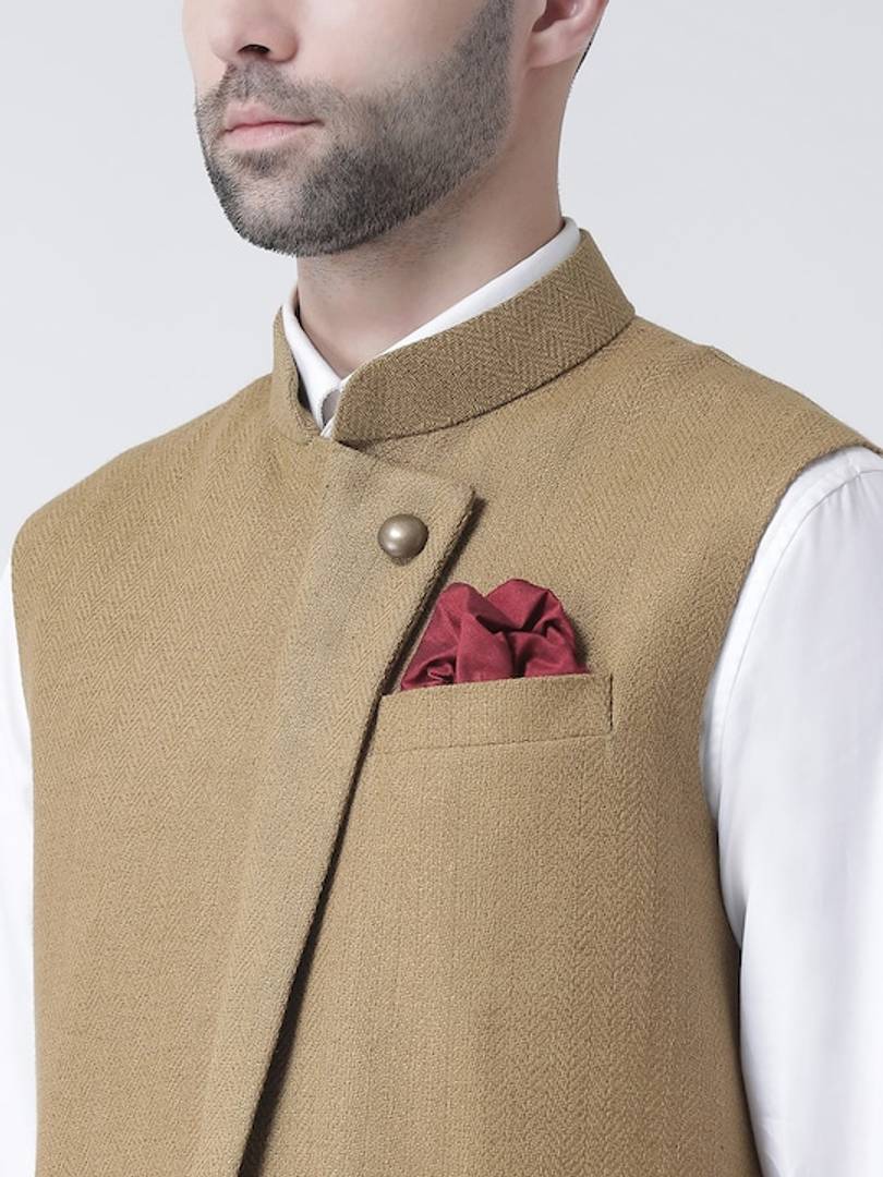 Men's Beige 
Silk Blend
 Woven Design Nehru Jackets