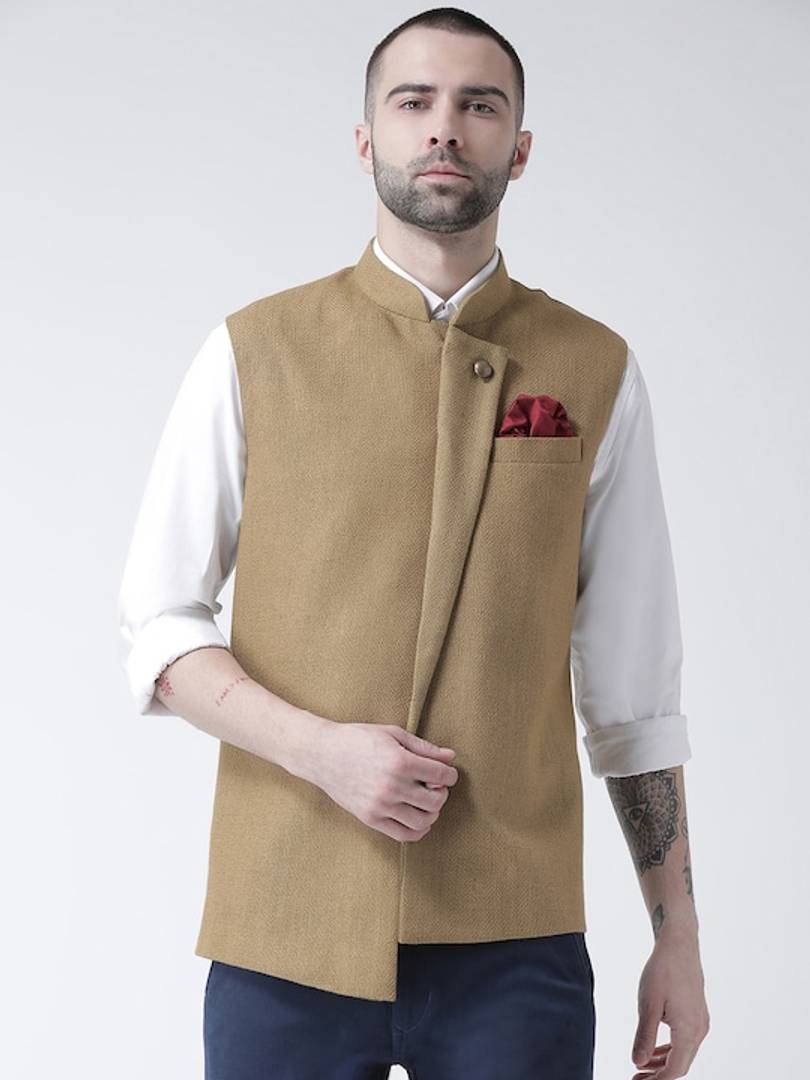 Men's Beige 
Silk Blend
 Woven Design Nehru Jackets