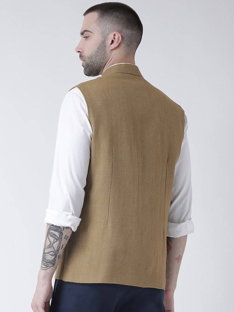 Men's Beige 
Silk Blend
 Woven Design Nehru Jackets