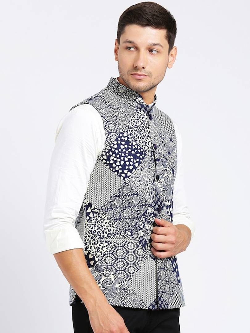 Men's Blue 
Cotton Blend
 Printed Nehru Jackets