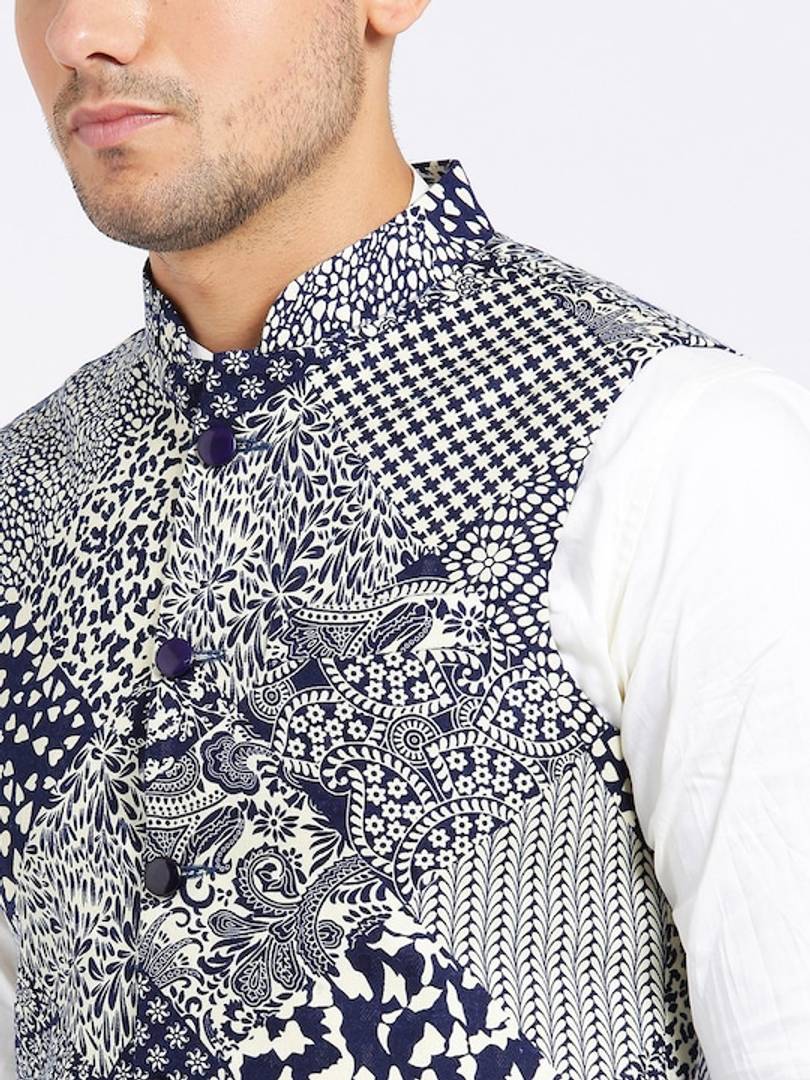 Men's Blue 
Cotton Blend
 Printed Nehru Jackets