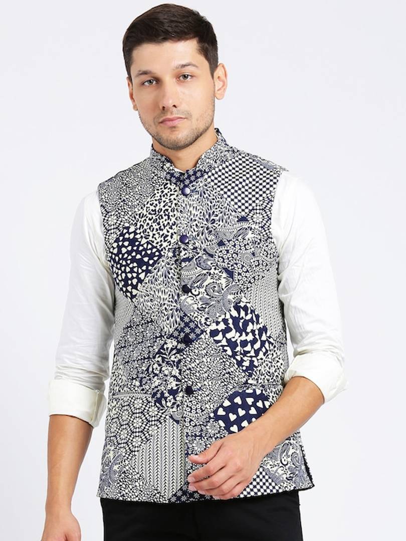 Men's Blue 
Cotton Blend
 Printed Nehru Jackets